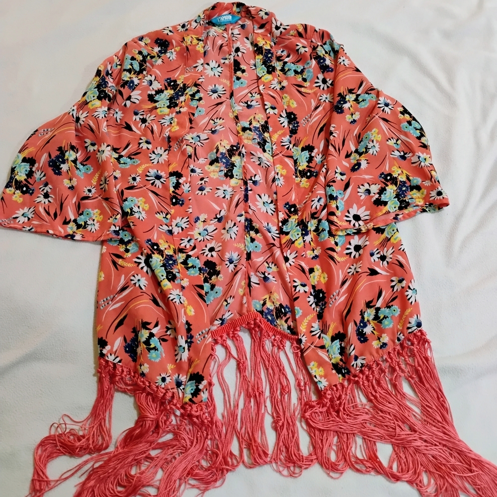 Nanette Lepore Floral Kimono Cardigan - Coral and Multicolor